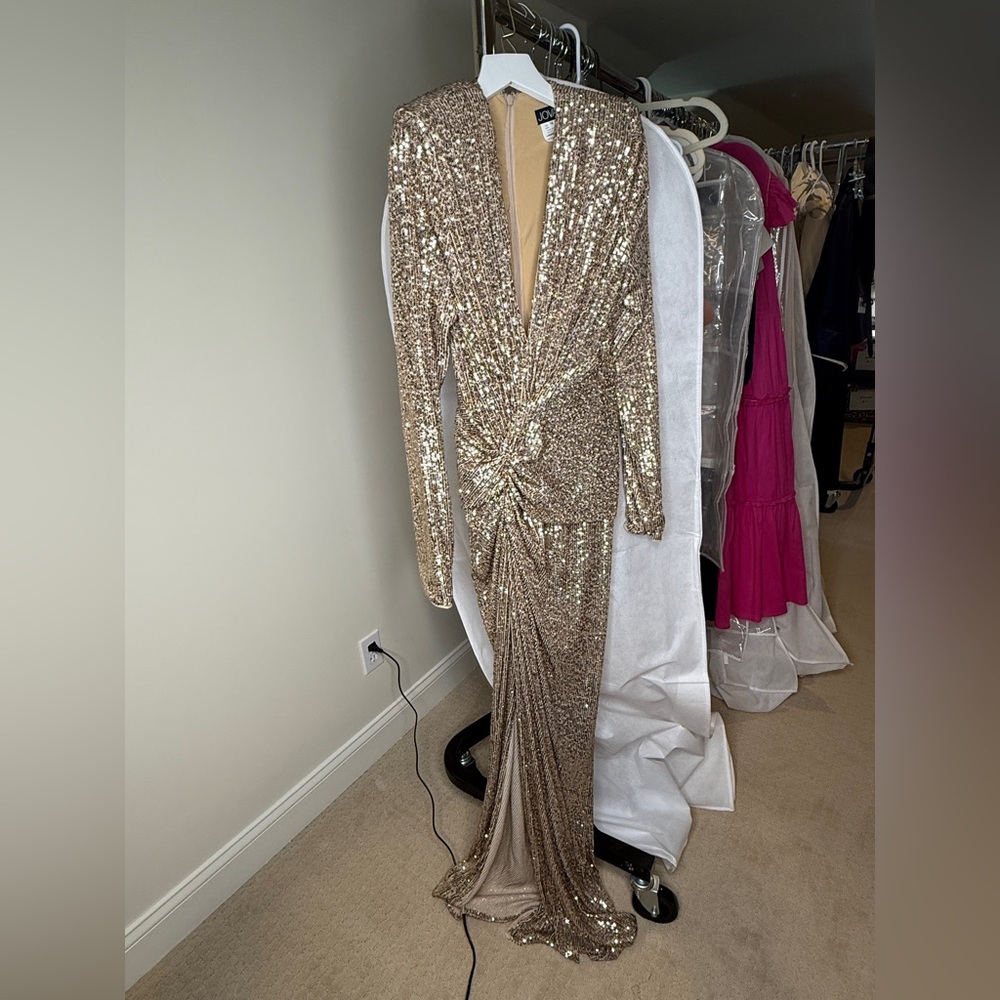 Jovani Gold Sequin Long Sleeve Gown for Weddings